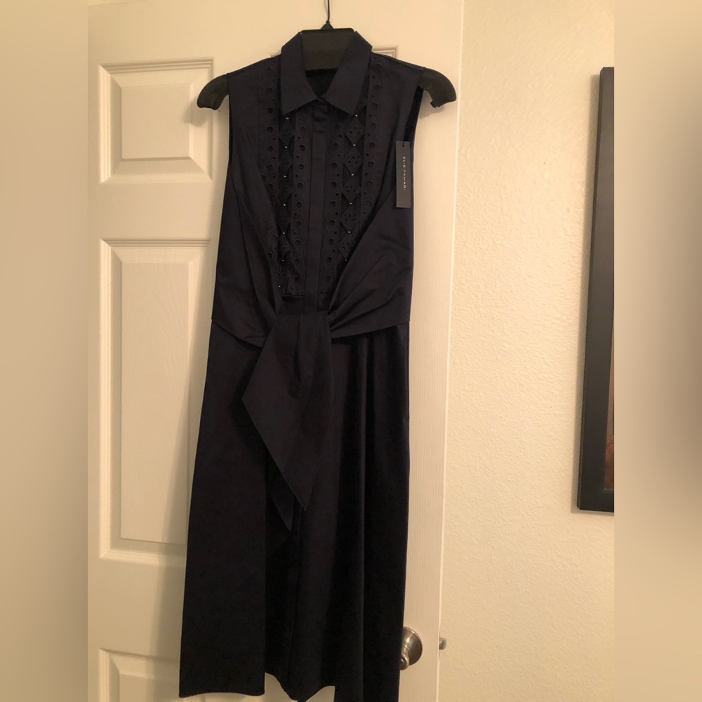 Ellie Tahari midnight embroidered poplin tie waist dress